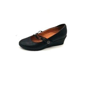 Hush‎ Puppies Womens Pumps Black Leather Hook Loop Stretch Straps Wedge Heel 5.5